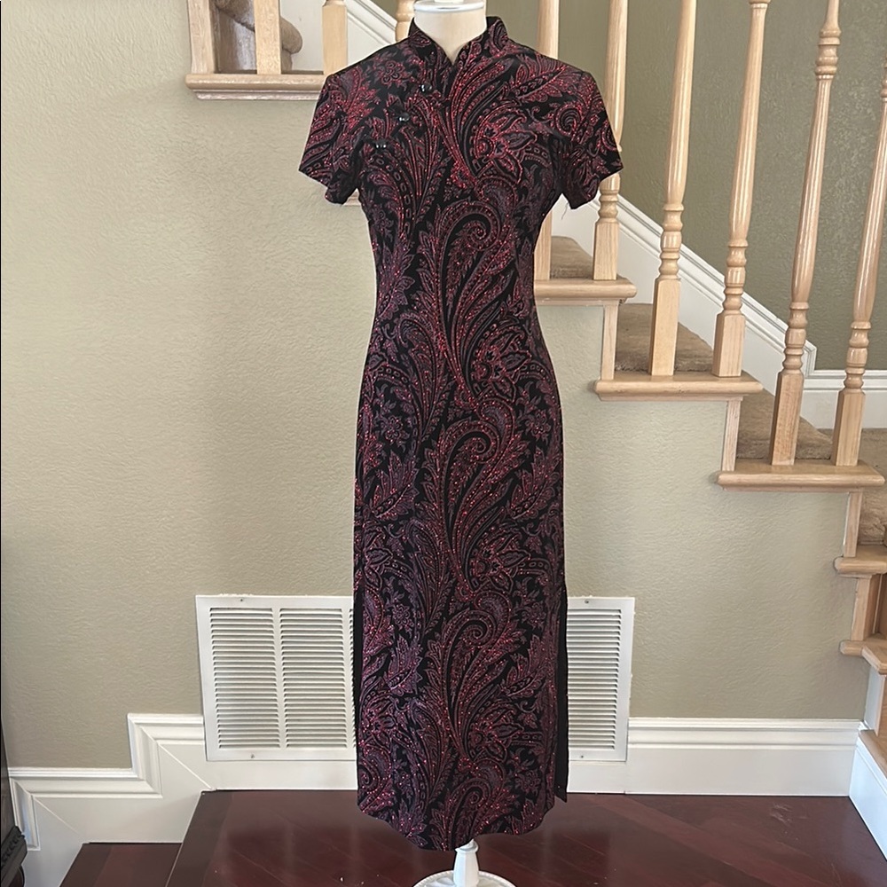 Elegant Black and Red Paisley Dress